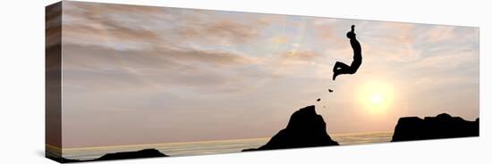 Concept or Conceptual Young Man or Businessman Silhouette Jump Happy from Cliff over Water Gap Suns-bestdesign36-Stretched Canvas