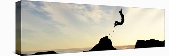 Concept or Conceptual Young Man or Businessman Silhouette Jump Happy from Cliff over Water Gap Suns-bestdesign36-Stretched Canvas