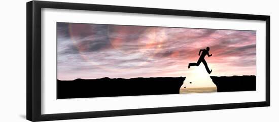 Concept or Conceptual Young Man or Businessman Silhouette Jump Happy from Cliff over Water Gap Suns-bestdesign36-Framed Photographic Print