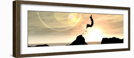 Concept or Conceptual Young Man or Businessman Silhouette Jump Happy from Cliff over Water Gap Suns-bestdesign36-Framed Photographic Print