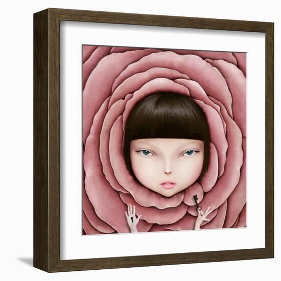 Conceptual Illustration or Poster with Head of Girl in Rose Petal with Key in His Hand-Larissa Kulik-Framed Art Print