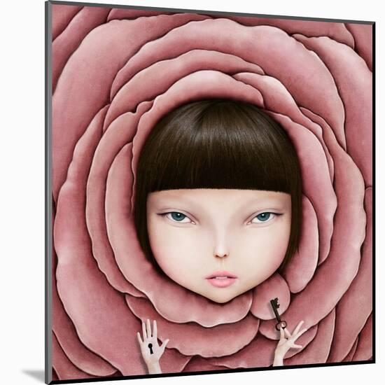 Conceptual Illustration or Poster with Head of Girl in Rose Petal with Key in His Hand-Larissa Kulik-Mounted Art Print