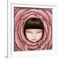 Conceptual Illustration or Poster with Head of Girl in Rose Petal with Key in His Hand-Larissa Kulik-Framed Art Print