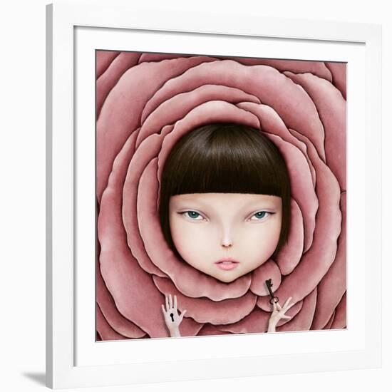 Conceptual Illustration or Poster with Head of Girl in Rose Petal with Key in His Hand-Larissa Kulik-Framed Art Print