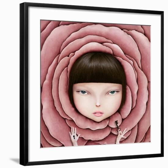 Conceptual Illustration or Poster with Head of Girl in Rose Petal with Key in His Hand-Larissa Kulik-Framed Art Print