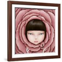 Conceptual Illustration or Poster with Head of Girl in Rose Petal with Key in His Hand-Larissa Kulik-Framed Art Print