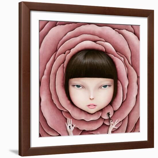 Conceptual Illustration or Poster with Head of Girl in Rose Petal with Key in His Hand-Larissa Kulik-Framed Art Print