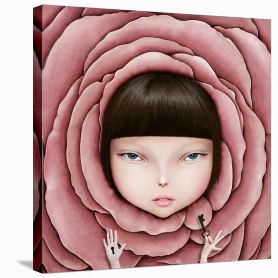 Conceptual Illustration or Poster with Head of Girl in Rose Petal with Key in His Hand-Larissa Kulik-Stretched Canvas