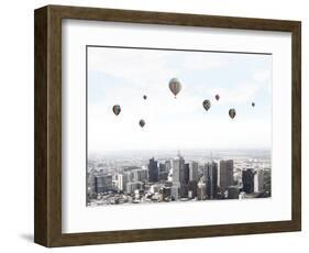 Conceptual Image with Colorful Balloons Flying High in Sky-Sergey Nivens-Framed Photographic Print