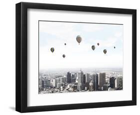 Conceptual Image with Colorful Balloons Flying High in Sky-Sergey Nivens-Framed Photographic Print