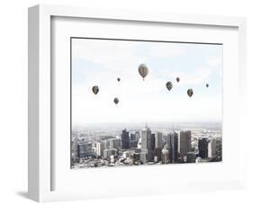 Conceptual Image with Colorful Balloons Flying High in Sky-Sergey Nivens-Framed Photographic Print