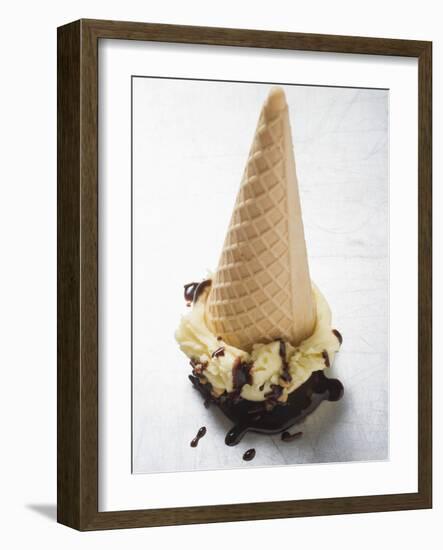 Cone of Nut Ice Cream with Chocolate Sauce-null-Framed Photographic Print