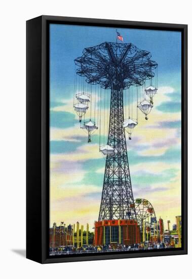 Coney Island, New York - Steeplechase Park Parachute Jump Daytime Scene-Lantern Press-Framed Stretched Canvas