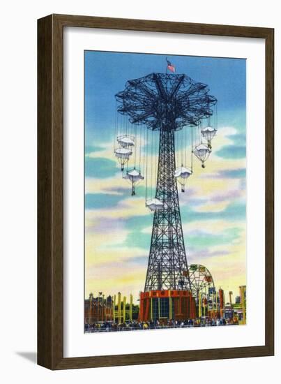 Coney Island, New York - Steeplechase Park Parachute Jump Daytime Scene-Lantern Press-Framed Art Print