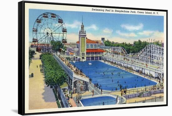 Coney Island, New York - Steeplechase Park Swimming Pool View-Lantern Press-Framed Stretched Canvas