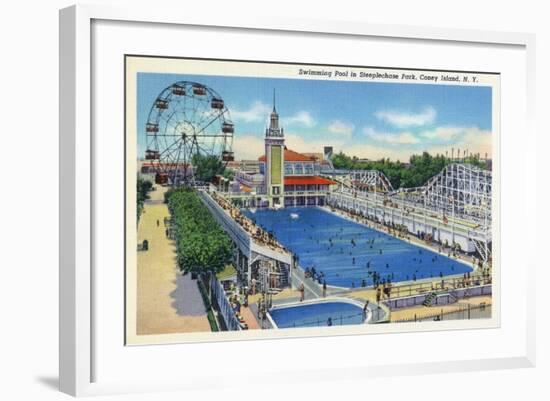 Coney Island, New York - Steeplechase Park Swimming Pool View-Lantern Press-Framed Art Print