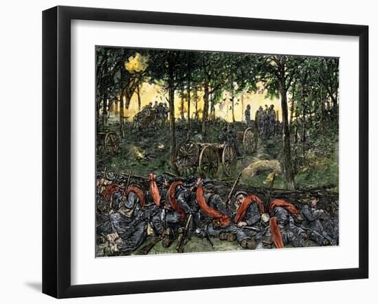 Confederate Infantry Waiting Out an Artillery Duel in the Devil's Den, Battle of Gettysburg-null-Framed Giclee Print