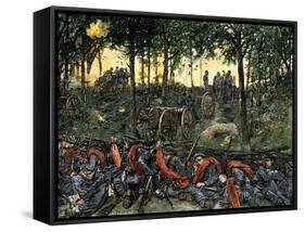 Confederate Infantry Waiting Out an Artillery Duel in the Devil's Den, Battle of Gettysburg-null-Framed Stretched Canvas