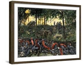 Confederate Infantry Waiting Out an Artillery Duel in the Devil's Den, Battle of Gettysburg-null-Framed Giclee Print