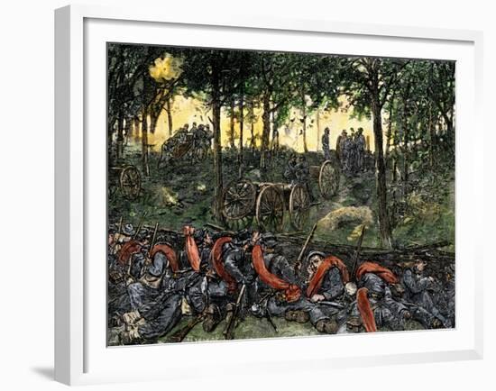 Confederate Infantry Waiting Out an Artillery Duel in the Devil's Den, Battle of Gettysburg-null-Framed Giclee Print