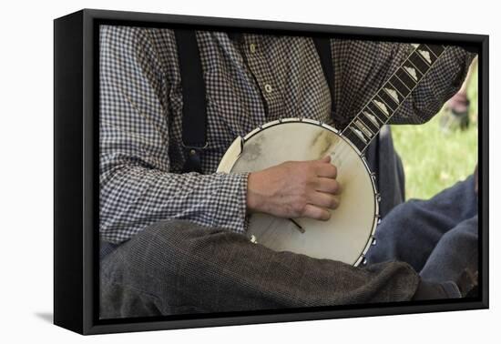 Confederate Soldier Reenactor Playing a Banjo in Camp, Shiloh National Military Park, Tennessee-null-Framed Stretched Canvas
