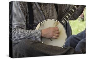 Confederate Soldier Reenactor Playing a Banjo in Camp, Shiloh National Military Park, Tennessee-null-Stretched Canvas