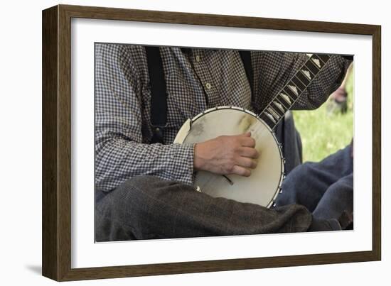 Confederate Soldier Reenactor Playing a Banjo in Camp, Shiloh National Military Park, Tennessee-null-Framed Photographic Print