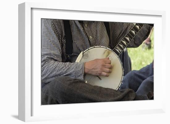 Confederate Soldier Reenactor Playing a Banjo in Camp, Shiloh National Military Park, Tennessee-null-Framed Photographic Print