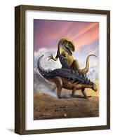Confronation Between a Neovenator and a Polacanthus Armored Dinosaur-null-Framed Art Print