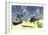 Confrontation Between a Utahraptor and a Kentrosaurus-null-Framed Art Print