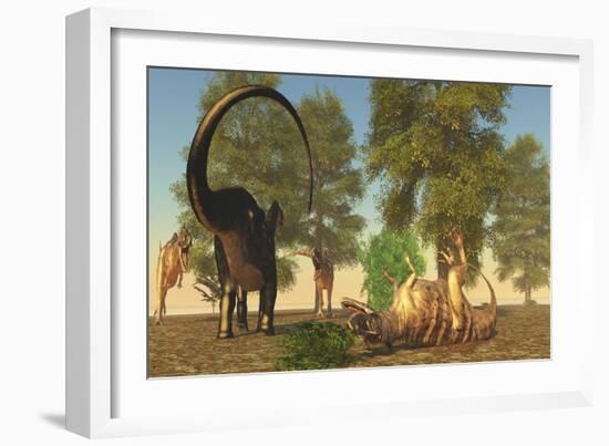 Confrontation Between an Apatosaurus and a Group of Ceratosaurus-Stocktrek Images-Framed Art Print