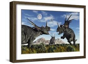 Confrontation Between Male Styracosaurus Dinosaurs-null-Framed Art Print