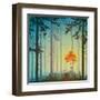 Coniferous Forest with Autumn Tree and Birds, Bright Colors, Vector Illustration-eva_mask-Framed Art Print