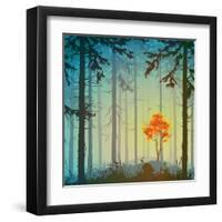 Coniferous Forest with Autumn Tree and Birds, Bright Colors, Vector Illustration-eva_mask-Framed Art Print