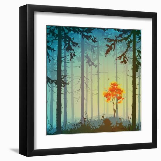 Coniferous Forest with Autumn Tree and Birds, Bright Colors, Vector Illustration-eva_mask-Framed Art Print