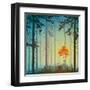 Coniferous Forest with Autumn Tree and Birds, Bright Colors, Vector Illustration-eva_mask-Framed Art Print