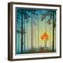 Coniferous Forest with Autumn Tree and Birds, Bright Colors, Vector Illustration-eva_mask-Framed Art Print