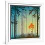 Coniferous Forest with Autumn Tree and Birds, Bright Colors, Vector Illustration-eva_mask-Framed Art Print