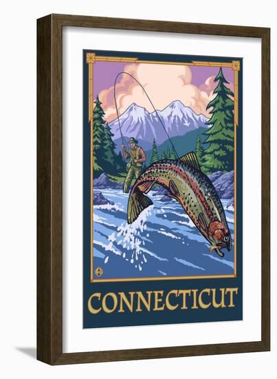 Connecticut - Angler Fisherman Scene-Lantern Press-Framed Art Print