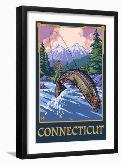 Connecticut - Angler Fisherman Scene-Lantern Press-Framed Art Print