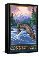 Connecticut - Angler Fisherman Scene-Lantern Press-Framed Stretched Canvas