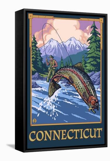 Connecticut - Angler Fisherman Scene-Lantern Press-Framed Stretched Canvas