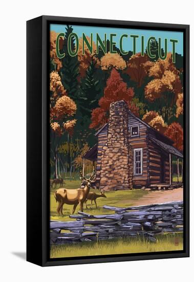Connecticut - Cabin and Deer Family-Lantern Press-Framed Stretched Canvas