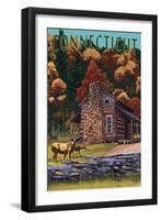 Connecticut - Cabin and Deer Family-Lantern Press-Framed Art Print