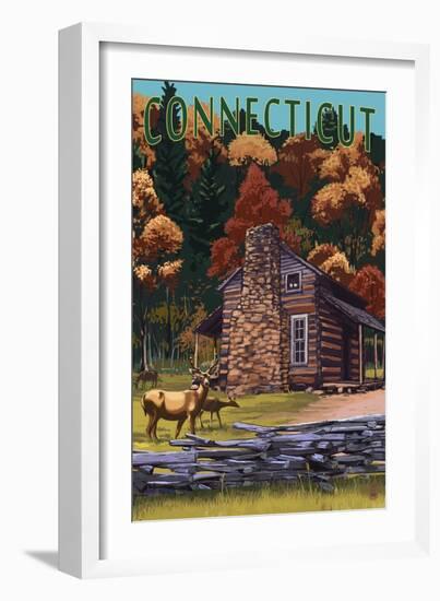 Connecticut - Cabin and Deer Family-Lantern Press-Framed Art Print