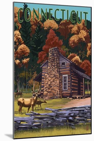 Connecticut - Cabin and Deer Family-Lantern Press-Mounted Art Print