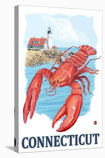 Connecticut - Lobster and Lighthouse-Lantern Press-Stretched Canvas