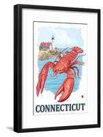 Connecticut - Lobster and Lighthouse-Lantern Press-Framed Art Print