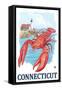 Connecticut - Lobster and Lighthouse-Lantern Press-Framed Stretched Canvas