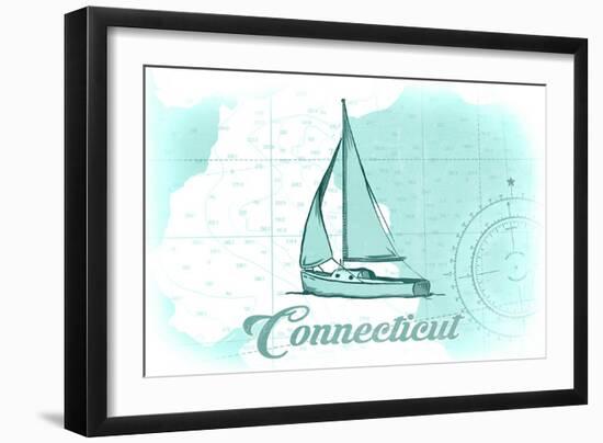 Connecticut - Sailboat - Teal - Coastal Icon-Lantern Press-Framed Art Print